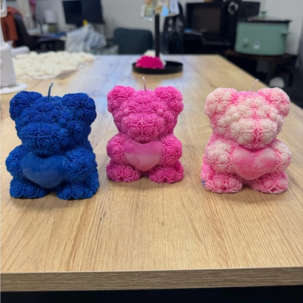 3 Floral Bear Candle Trio - Blue, Pink, pink/white
